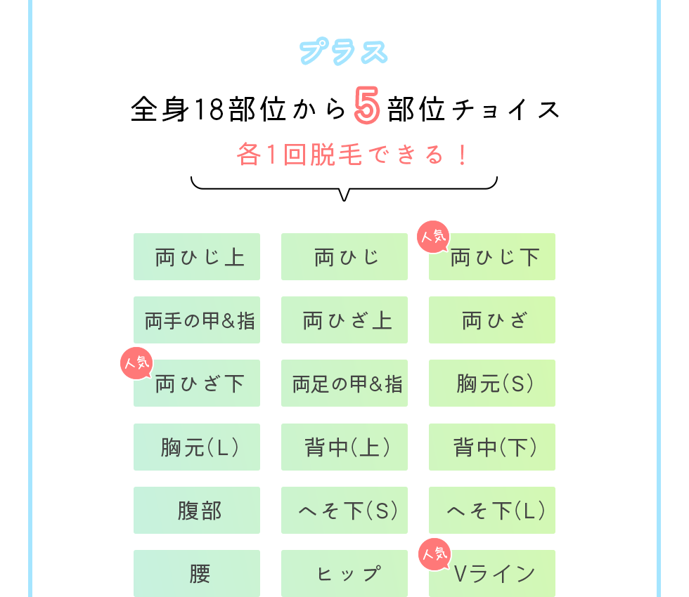 プラス全身18部位から5部位チョイス各1回脱毛できる！