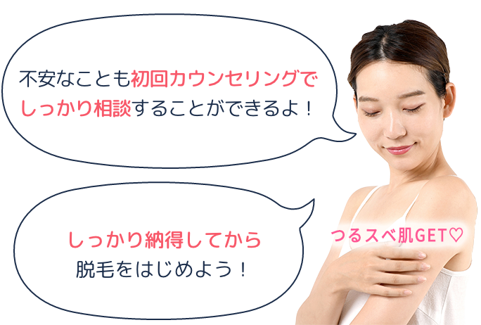 不安なことも初回カウンセリングでしっかり相談することができるよ！ しっかり納得してから脱毛をはじめよう！