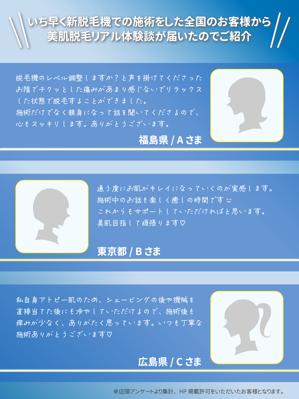 いち早く新脱毛器で施術をした全国のお客様から、美肌脱毛リアル体験談が届いたのでご紹介