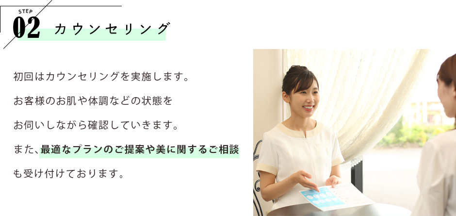 STEP02 カウンセリング 初回はカウンセリングを実施します。お客様のお肌や体調などの状態をお伺いしながら確認していきます。また、最適なプランのご提案や美に関するご相談も受け付けております。※初回はカウンセリングのみとなります。