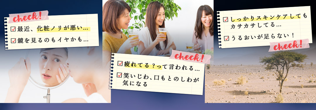 最近、化粧ノリが悪い…鏡を見るのもイヤかも…疲れてる？って言われる…笑いじわ、口もとのしわが気になる、しっかりスキンケアしてもカサカサしてる…うるおいが足らない！